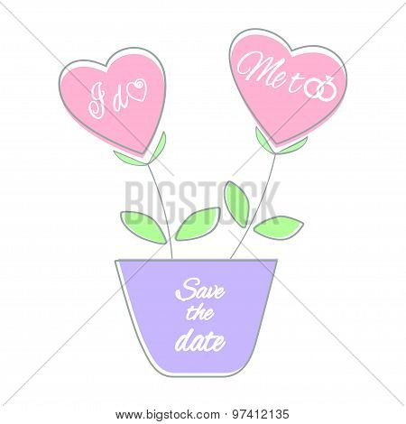 Save the date card vector illustration Pink heart shaped plants in a violet flower pot