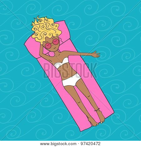 Hand Drawn Lady Lying On Mattress In Sea