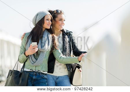 Two Young Women Looking Over A Dock Fence