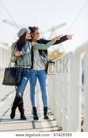 Two Young Women Looking Over A Dock Fence And Pointing In A Direction
