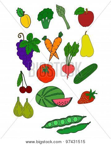 Fresh healthy fruits and vegetables vector collection of isolated fruit icons