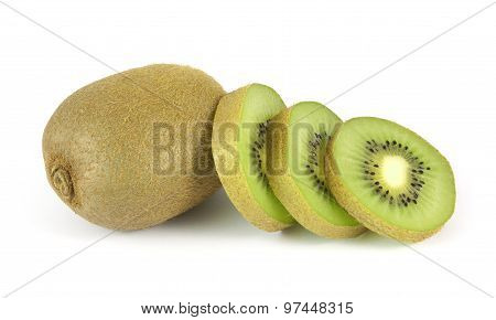 Whole kiwi fruit and its sliced segments isolated on white background