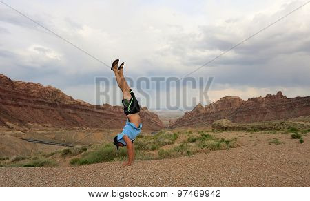 Man Handstands Spotted Wolf Canyon Edge
