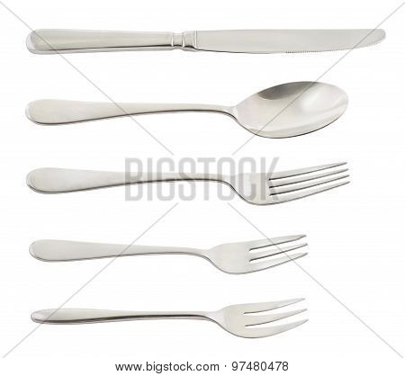Set of steel metal cutlery isolated