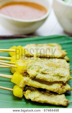 Grilled Pork Satay With Peanut Sauce And Vinegar, Thai Food.