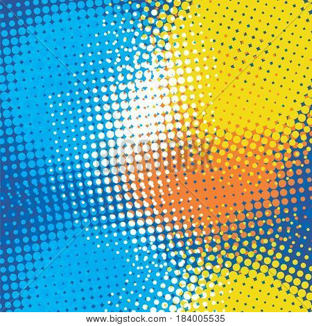Halftone color vector background. Dots blue yellow orabge white abstract template.