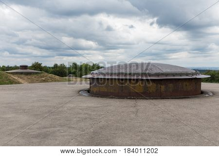 Fort Douaumont near Verdun in France with machine gun turret used in First World War One. It was raised for firing and then lowered for protection.