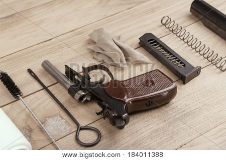 Separate Parts Of Makarov Pistol And Cleaning Kit