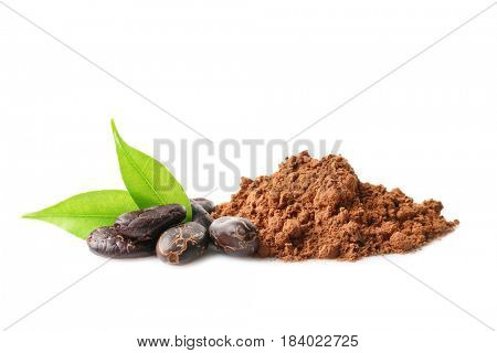 Aromatic cocoa powder and beans on white background