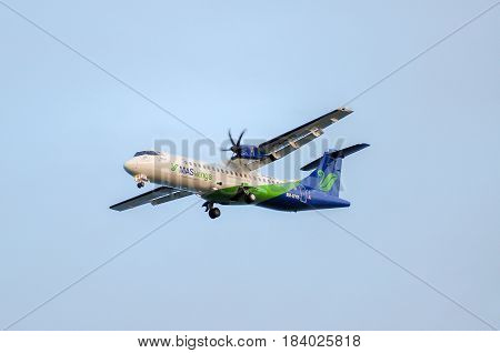 Labuan,Malaysia-Nov 24,2014:MASwings Airlines ATR-72-500 takes off from Labuan Airport on Nov 24 2014.MASwings is the regional community airline for East Malaysia states of Sabah and Sarawak, also fondly known as Borneo.