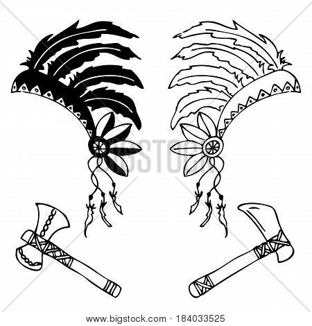 Hand drawn doodles boho, tribal design element with axe, ax, hatchet, cleaver, feather