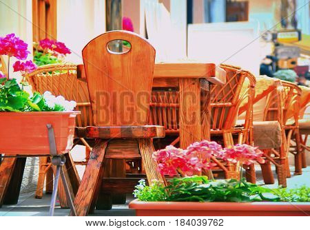 Summer Cafe Wooden Table Outdoors At The Phono Flowers