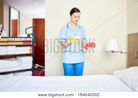 Hotel servant spraying disinfectant on sponge before cleaning lapmshade