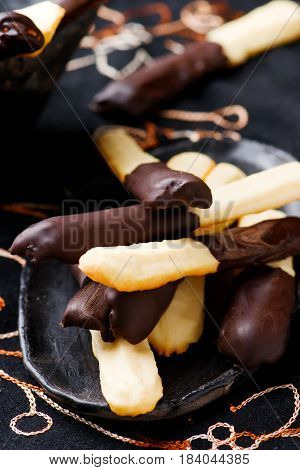 chocolate homemade pocky cookies.rustic style. selective focus
