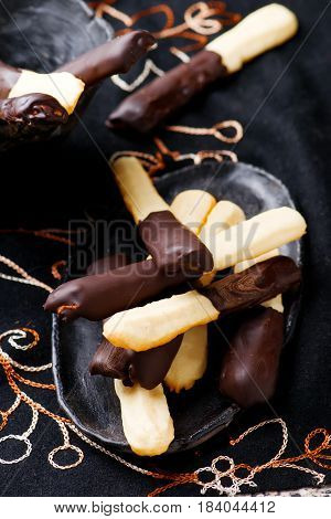 chocolate homemade pocky cookies.rustic style. selective focus
