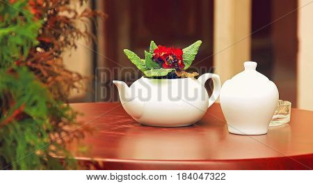 Summer Cafe White Cup And Teapot, Wooden Table