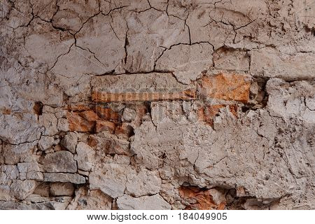 Red Old Worn Collapsed Brick Wall Texture Background.