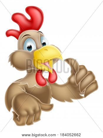 A cartoon chicken mascot giving a thumbs up