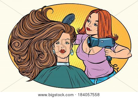 blow drying women hair Barber. Comic book cartoon pop art retro style vector illustration