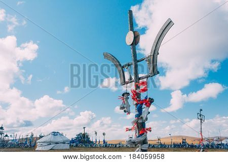 White And Blue Obo And Aobao Landscape In Mongolia ,mongol Totem, In Grassland With Blue Sky,horizon