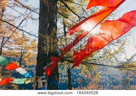 Red Obo And Aobao Landscape In Mongolia ,mongol Totem, In Forest With Blue Sky,horizontal