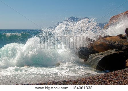 Waves against rocks on a stormy day
