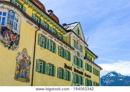 Canazei Italy - April 26 2012: The fully decorated Dolomiti Canazei hotel