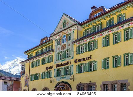 Canazei Italy - April 26 2012: The fully decorated Dolomiti Canazei hotel