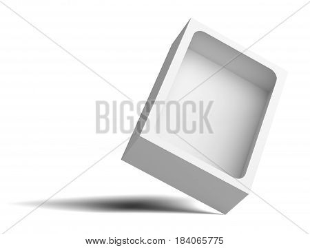 White empty packing cardboard box. In the box cutout in the middle. The box stands on the corner. Isolated on white background. 3D illustration