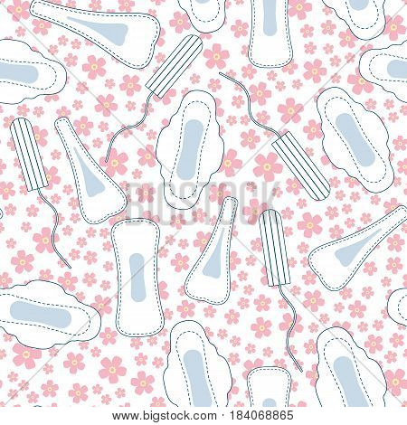 Seamless vector pattern with menstruation sanitary pads and cotton tampons. Woman hygiene protection medical hygiene conception pattern on floral background