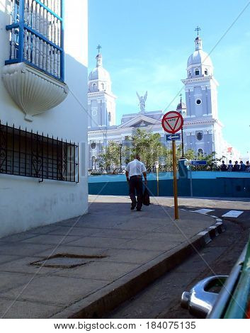 Street scene showing plaza square and church