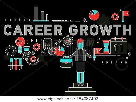 Vector illustration concepts of words career growth. Cartoon office worker climbing the staircase to success and progress
