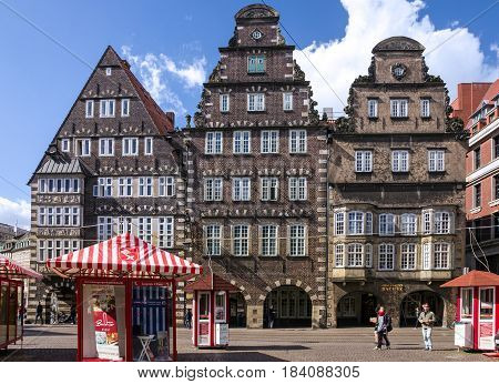 Bremen, Germany - May 1, 2017: Old town houses at Market square (Marktplatz), Germany