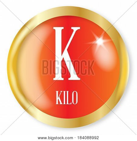 K for Kilo button from the NATO phonetic alphabet with a gold metal circular border over a white background