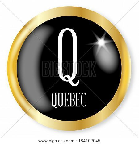 Q for Quebec button from the NATO phonetic alphabet with a gold metal circular border over a white background