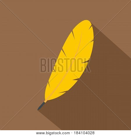 Yellow feather pen icon. Flat illustration of yellow feather pen vector icon for web on coffee background