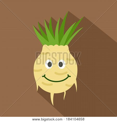 Fresh smiling turnip icon. Flat illustration of fresh smiling turnip vector icon for web on coffee background