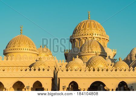 Beautiful architecture of Mosque in Hurghada at sunset, Egypt