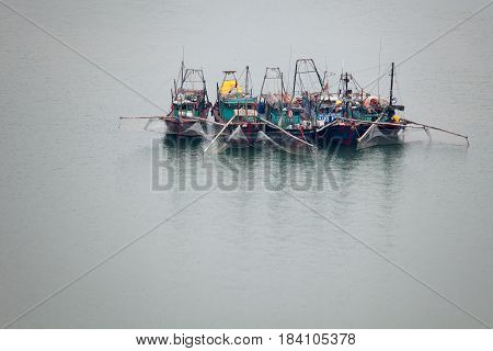 Boats at Halong Bay, Vietnam. Unesco World Heritage Site.