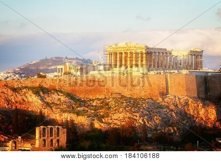 Famous skyline of Athens with Acropolis hill and Pathenon, Athens Greecer, retro toned