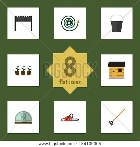 Flat Garden Set Of Hosepipe, Hothouse, Hacksaw And Other Vector Objects. Also Includes Farmhouse, Plant, Hoe Elements.