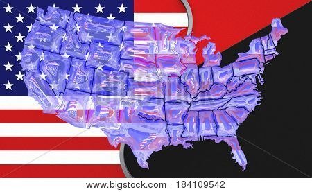 3D illustration. USA flag and an Antifa flag with a see through map of America on top