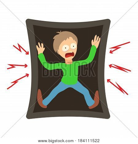 Tafofobia concept. Cartoon illustration of a man suffering from the fear of being buried alive