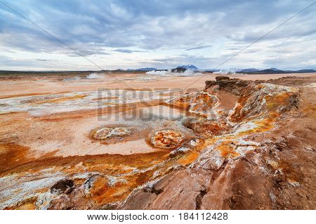 Fantastic landscape with soil erosion in the Namafjall geothermal valley in Iceland. Overcast day