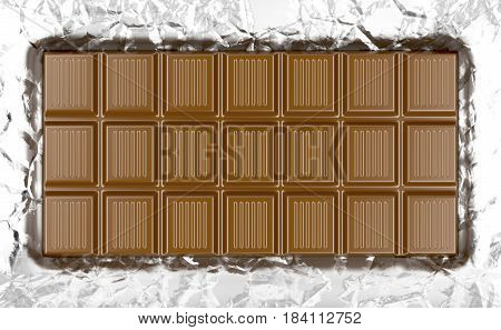 Milk chocolate bar on wrinkled aluminum foil, 3D illustration