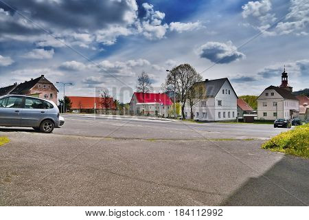 Stvolinky Machuv kraj Czech republic - April 14 2017: route 15 leading around green square in spring afternoon