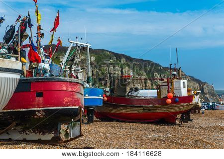 Fishing Boats On The Shore, Pebble Beach, Wooden Boats, Fishing And Tourist Industry