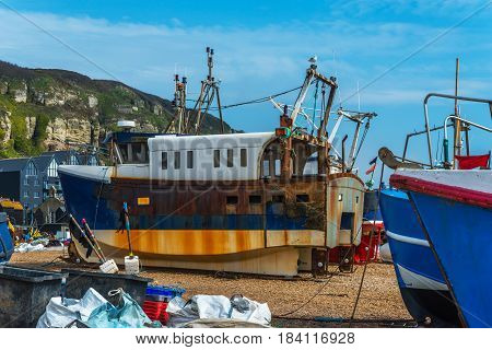 Fishing Boats On The Shore, Pebble Beach, Wooden Boats, Fishing And Tourist Industry