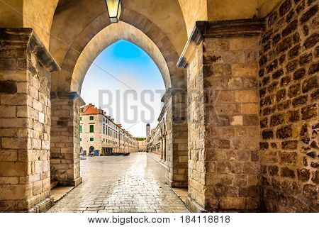 Picturesque stone architecture in old city center in marble town Dubrovnik, Croatia.