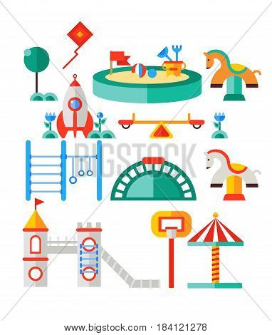 Children s playground. Teeter board, swings, sandbox, umbrella, rocket-house, castle and bench also toy horse, horizontal bar for children, net basketball.